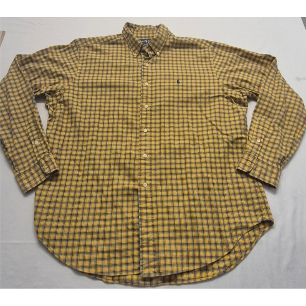 Ralph Lauren men's yellow plaid shirt Classic Fit XL button up Long sleeves Logo